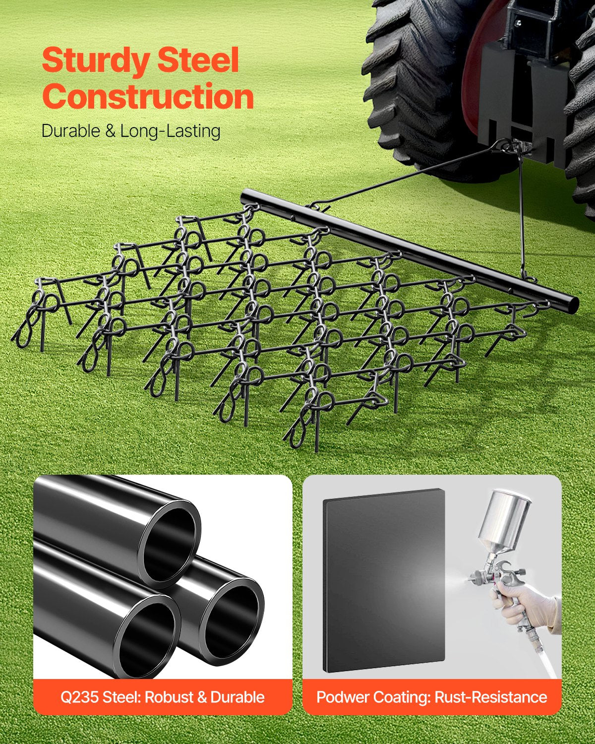 Heavy-Duty Chain Harrow for Land Leveling ATV Lawn Rake 5.8x4.8 ft Black