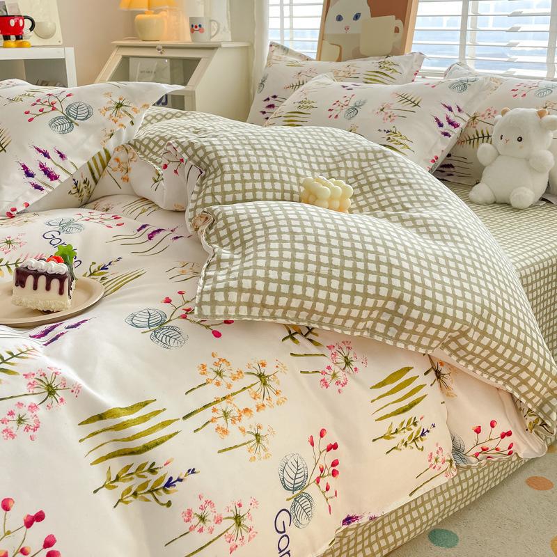 Cotton Bedding Set - Four-Piece Quilt Cover & Sheets with Skin-Friendly Sanded Finish