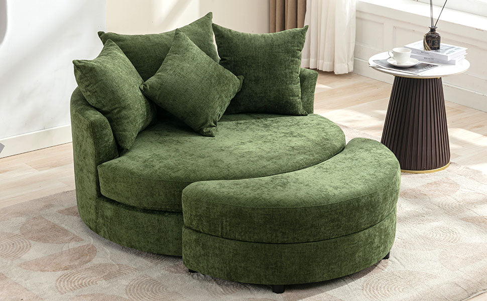 360° Swivel Accent Barrel Chair with Storage Ottoman & 4 Pillows - Green