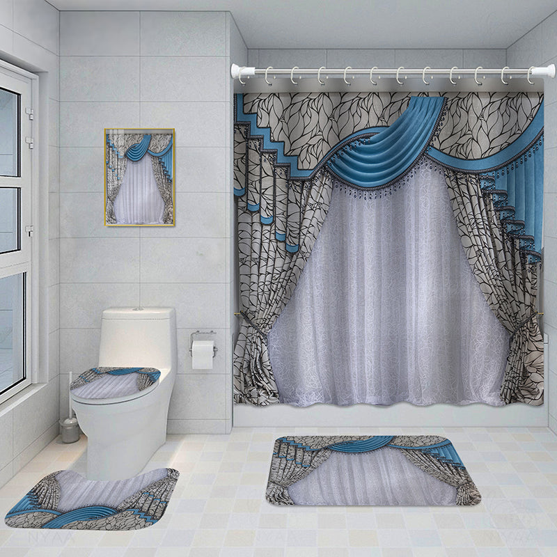 Bathroom 5-Piece Shower Curtain Set with Mat and Decorative Aluminum Frame