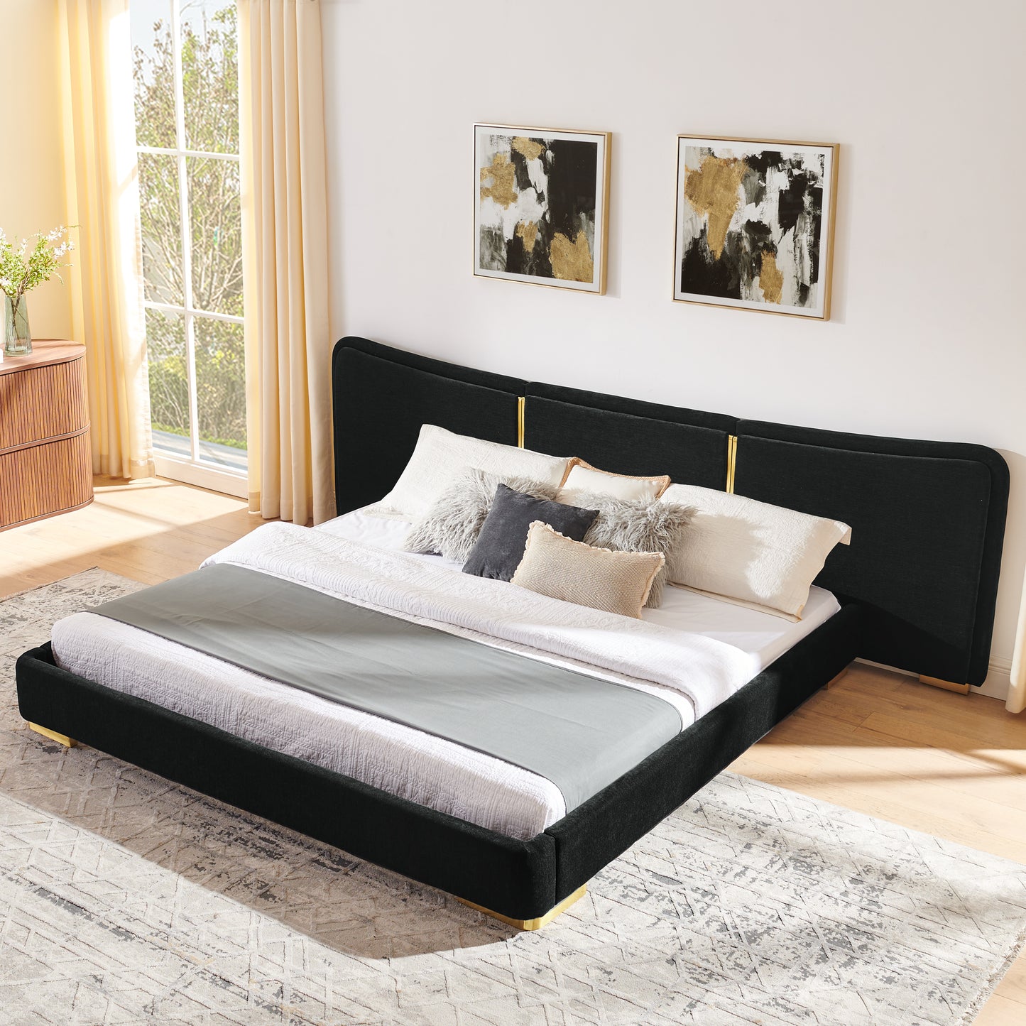 King Size Platform Bed with Soft Chenille Frame & Curved Headboard - Black