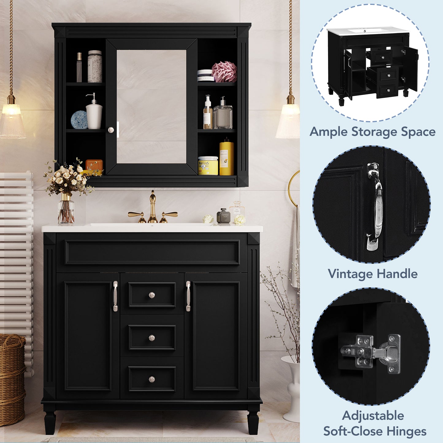 36'' Modern Bathroom Vanity with Black Mirror Cabinet & Sink