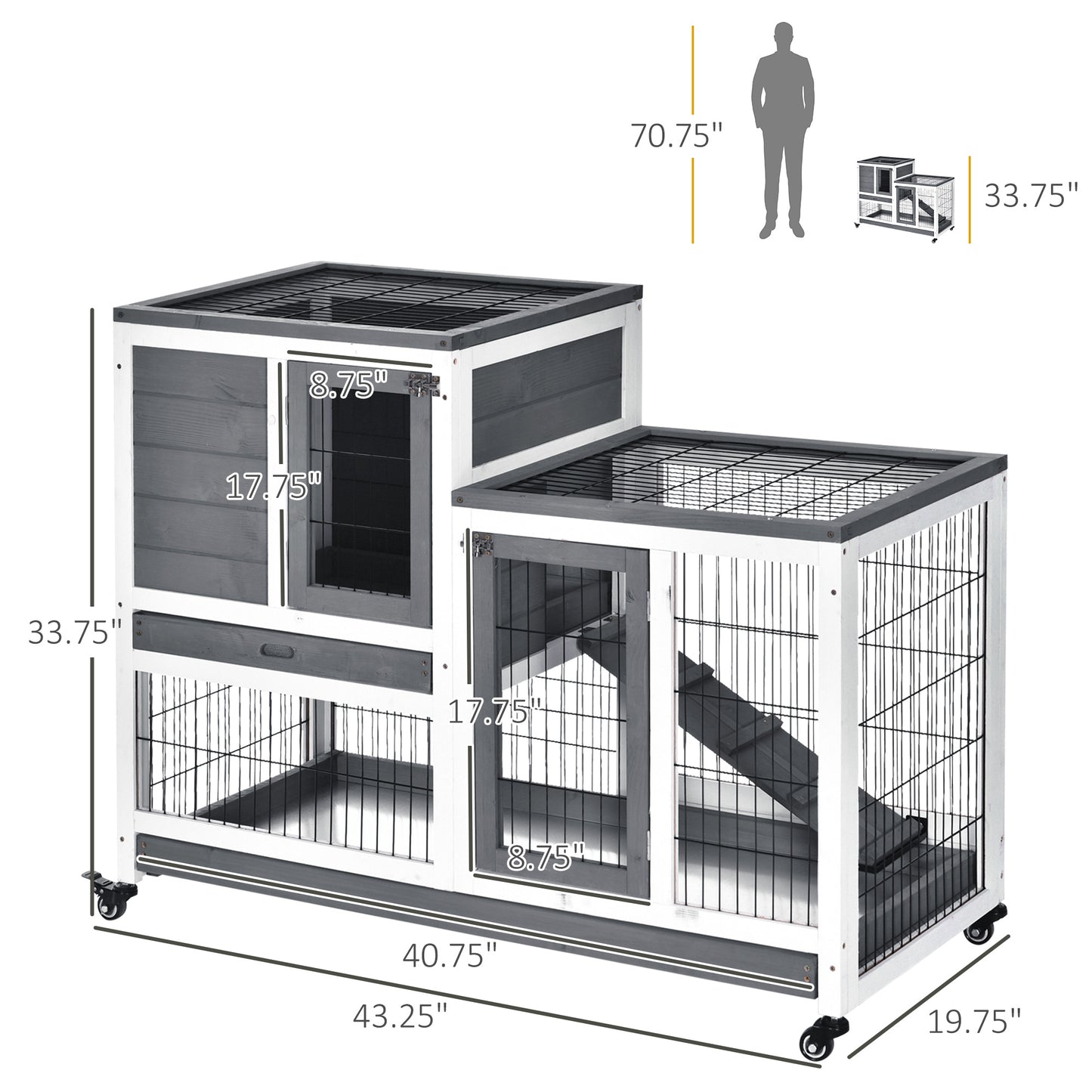 Wooden Elevated Rabbit Hutch with Wheels and Enclosed Run - Small Animal Cage