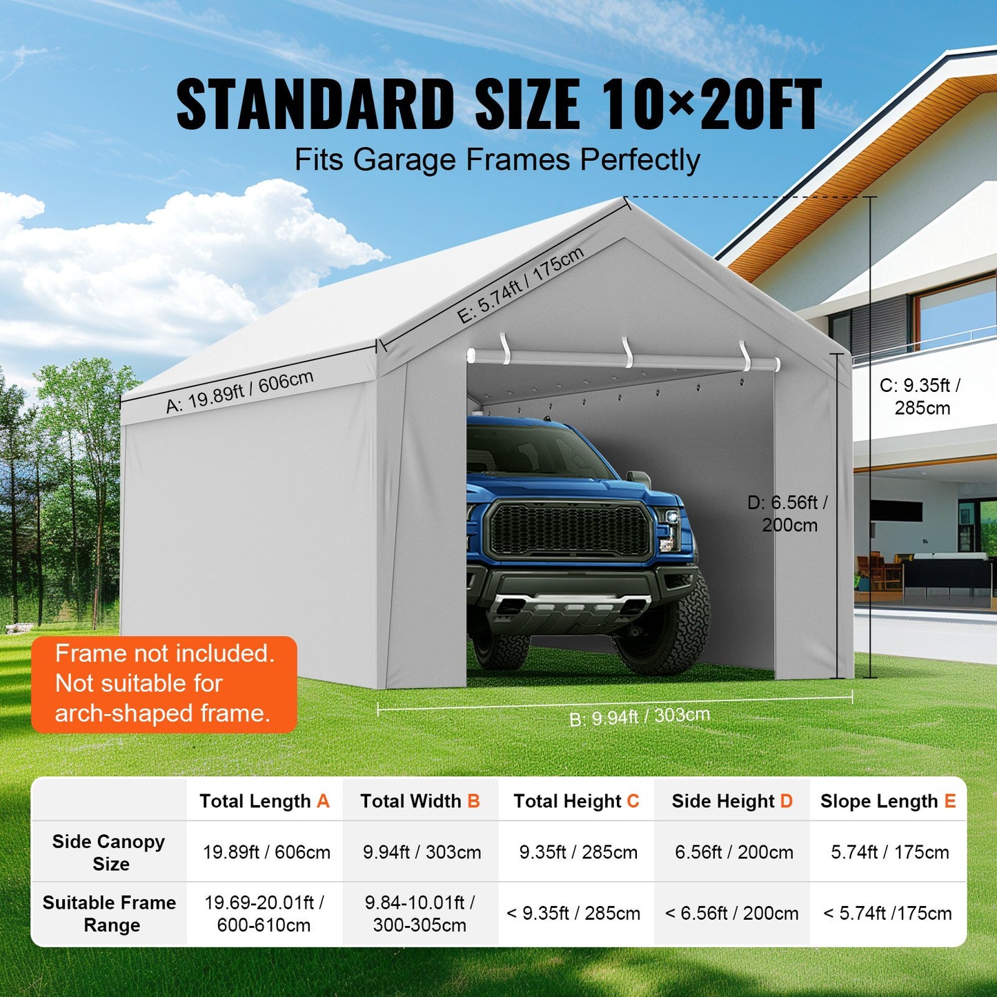 10x20 ft Waterproof UV-Resistant Canopy Cover with Side Walls for Garage Replacement