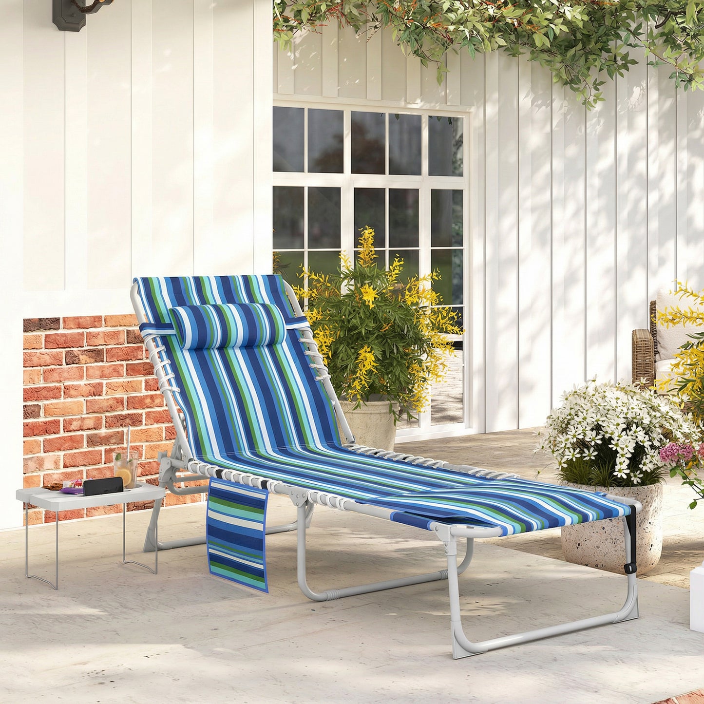 Folding Outdoor Lounge Chair with Face Hole & Side Table - Blue Stripe