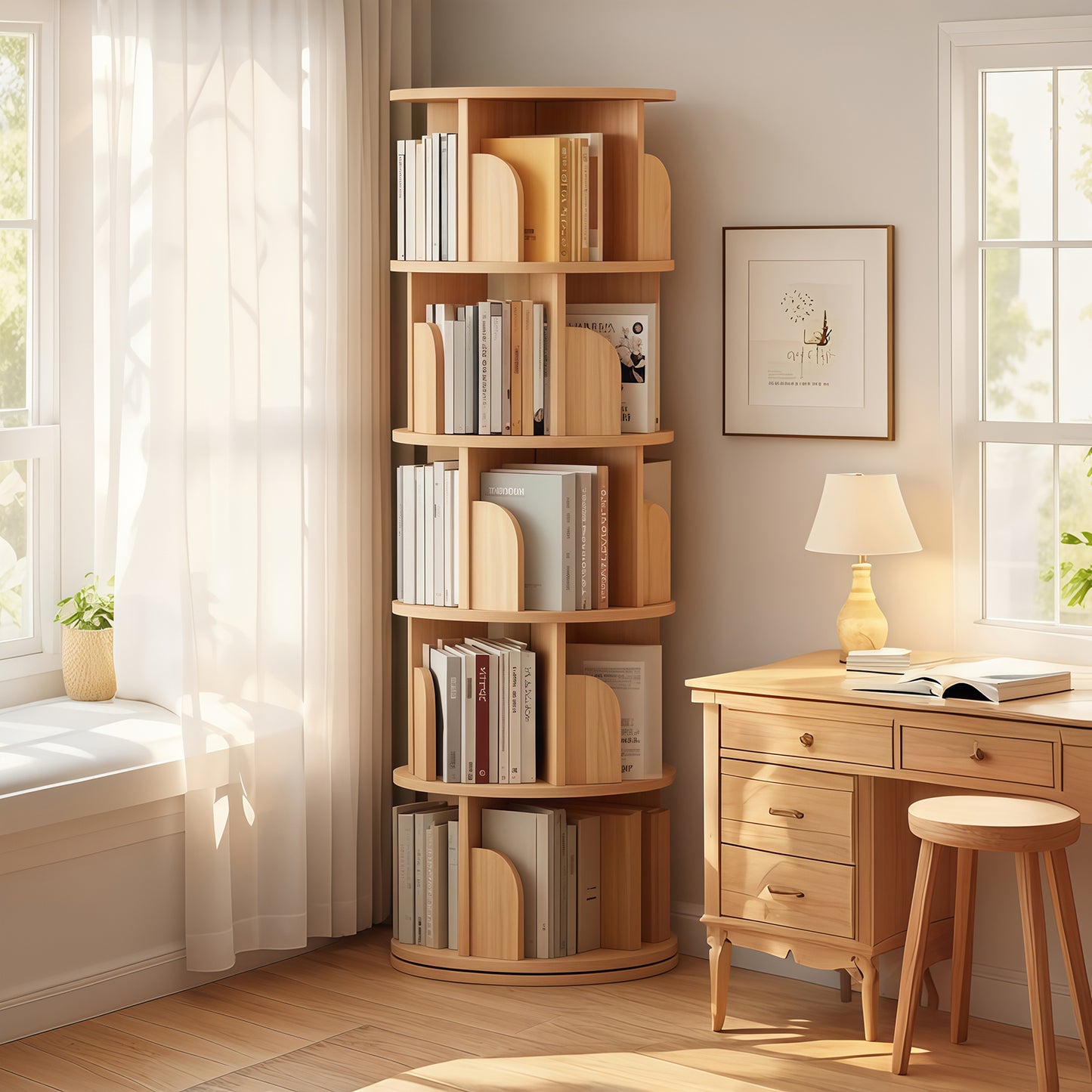 5 Tier Rotating Bookshelf, 360 Display Round Spinning Space-Saving,