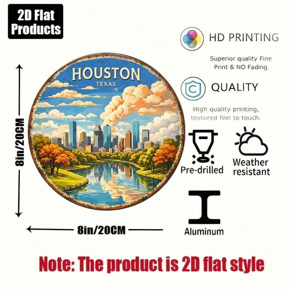 Vintage Houston Texas Cityscape Round Wall Sign - 8x8in