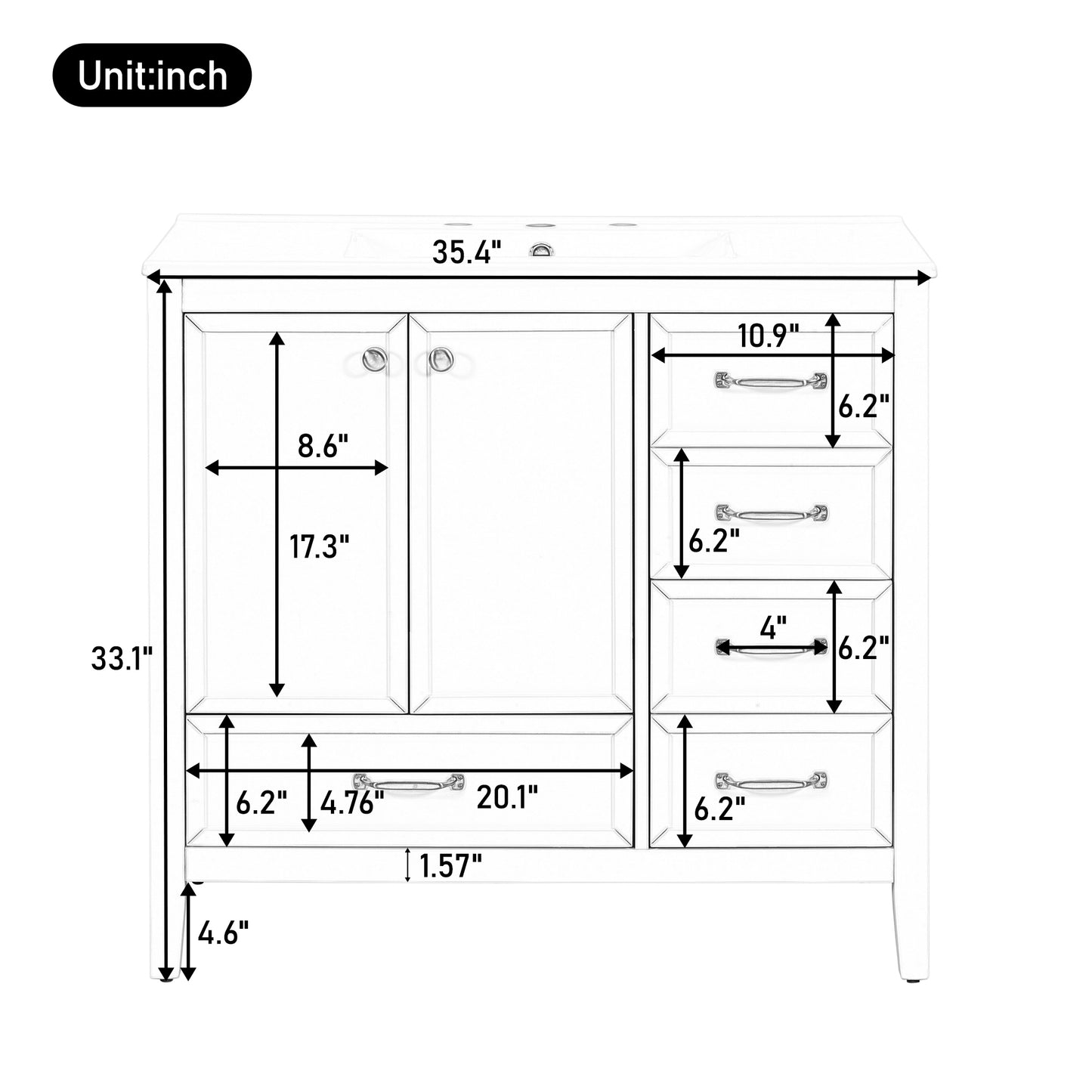 36" Bathroom Vanity with Sink - Elegant Blue Design, 4 Drawers