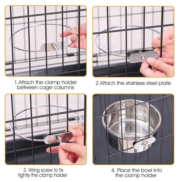 Stainless Steel Hanging Pet Food & Water Bowl with Clamp Holder - Medium
