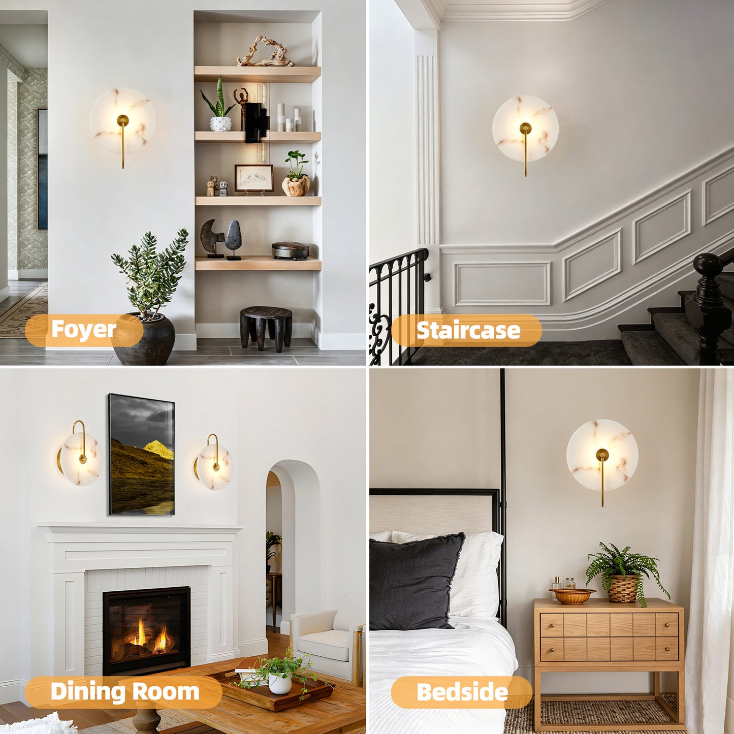 Round Alabaster Wall Sconce - Natural Marble LED Wall Lamp for Bedroom & Living Room - Gold Finish