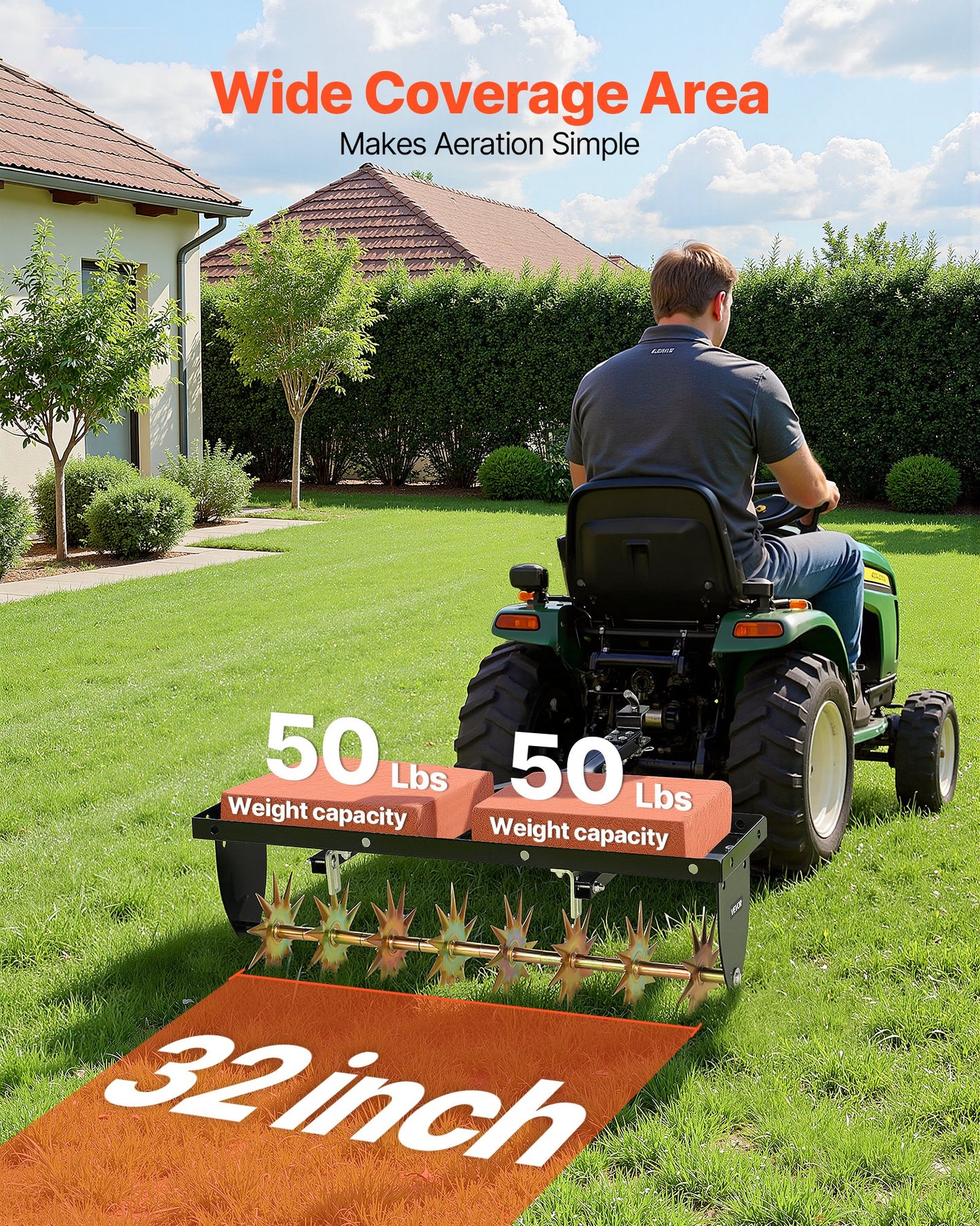 32-Inch Tow Behind Lawn Aerator with Heavy Duty Steel Frame & Universal Hitch