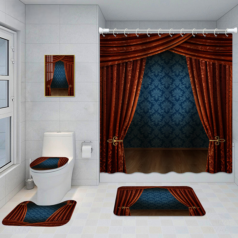 Bathroom 5-Piece Shower Curtain Set with Mat and Decorative Aluminum Frame