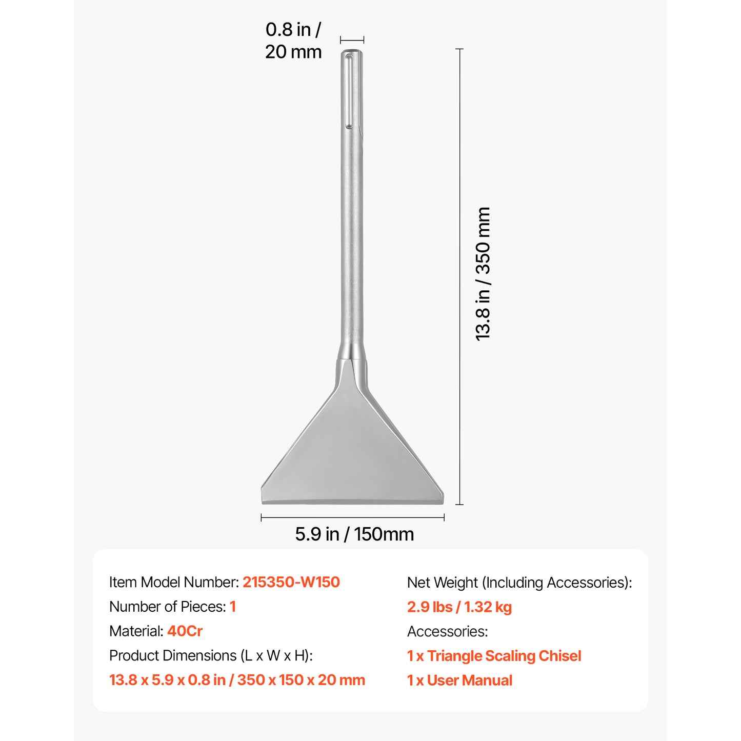 Heavy Duty SDS Max Chisel Bit 13.8" x 5.9" for Rotary Hammers - Remove Tile & Mortar