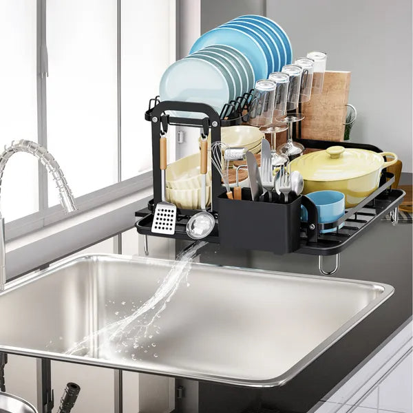 2-Tier Dish Drying Rack with Drainboard - Space Saving Black