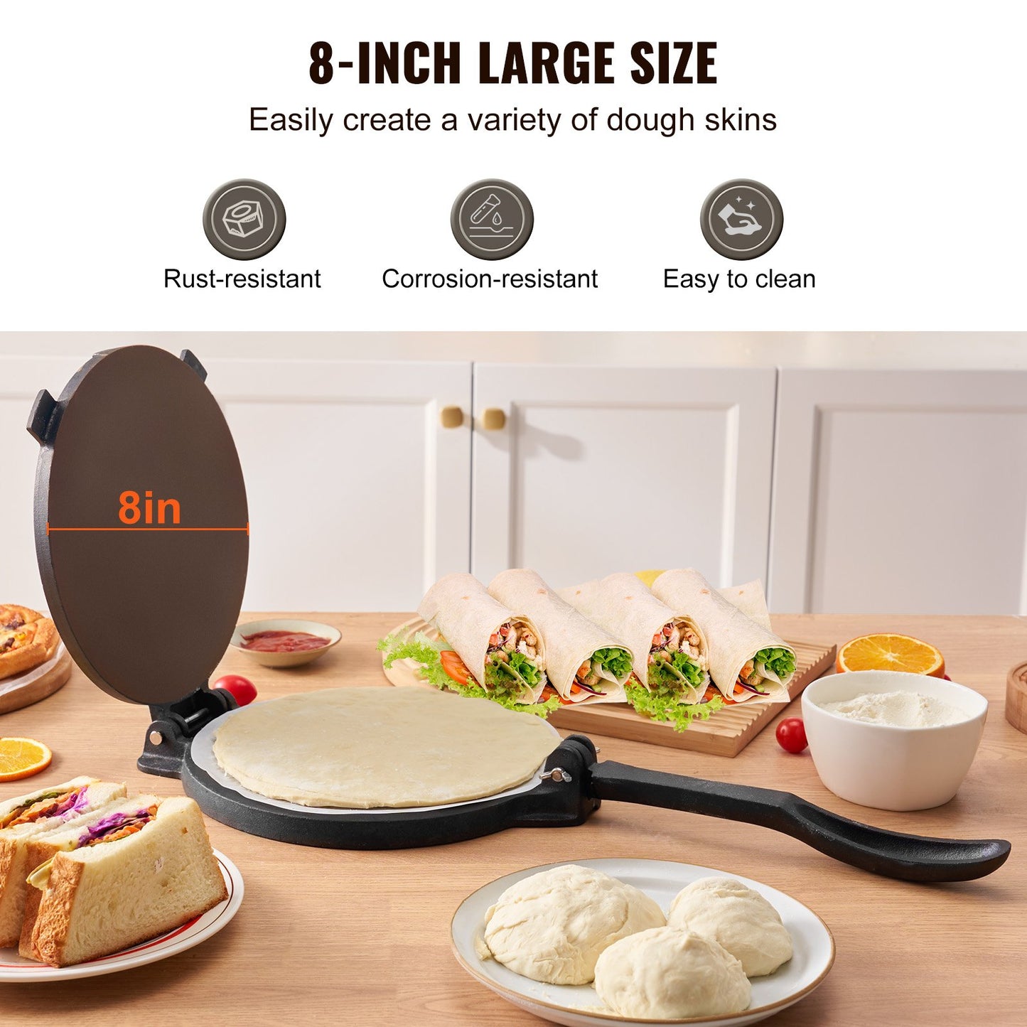 8-Inch Cast Iron Tortilla Press - Heavy Duty Roti Maker with Parchment Paper