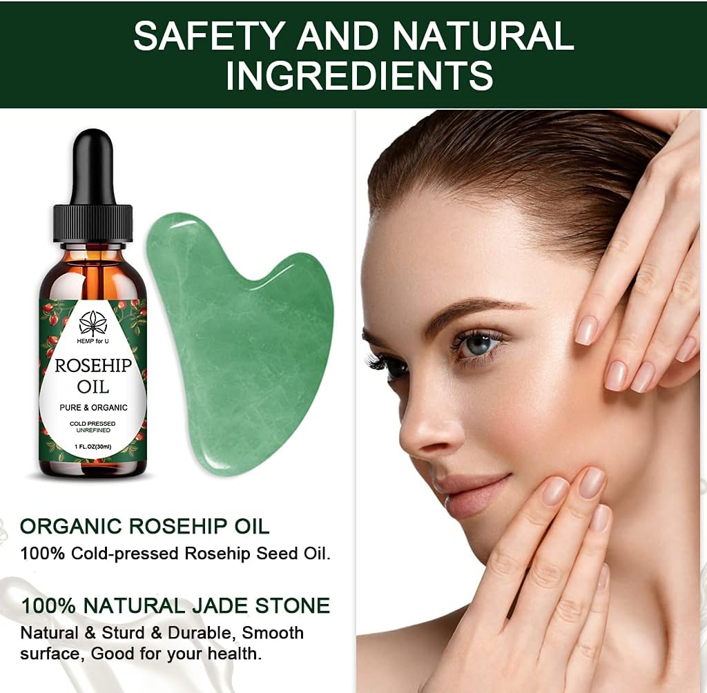 Natural Jade Gua Sha Massage Tool & Face Oil Set with Travel Pouch