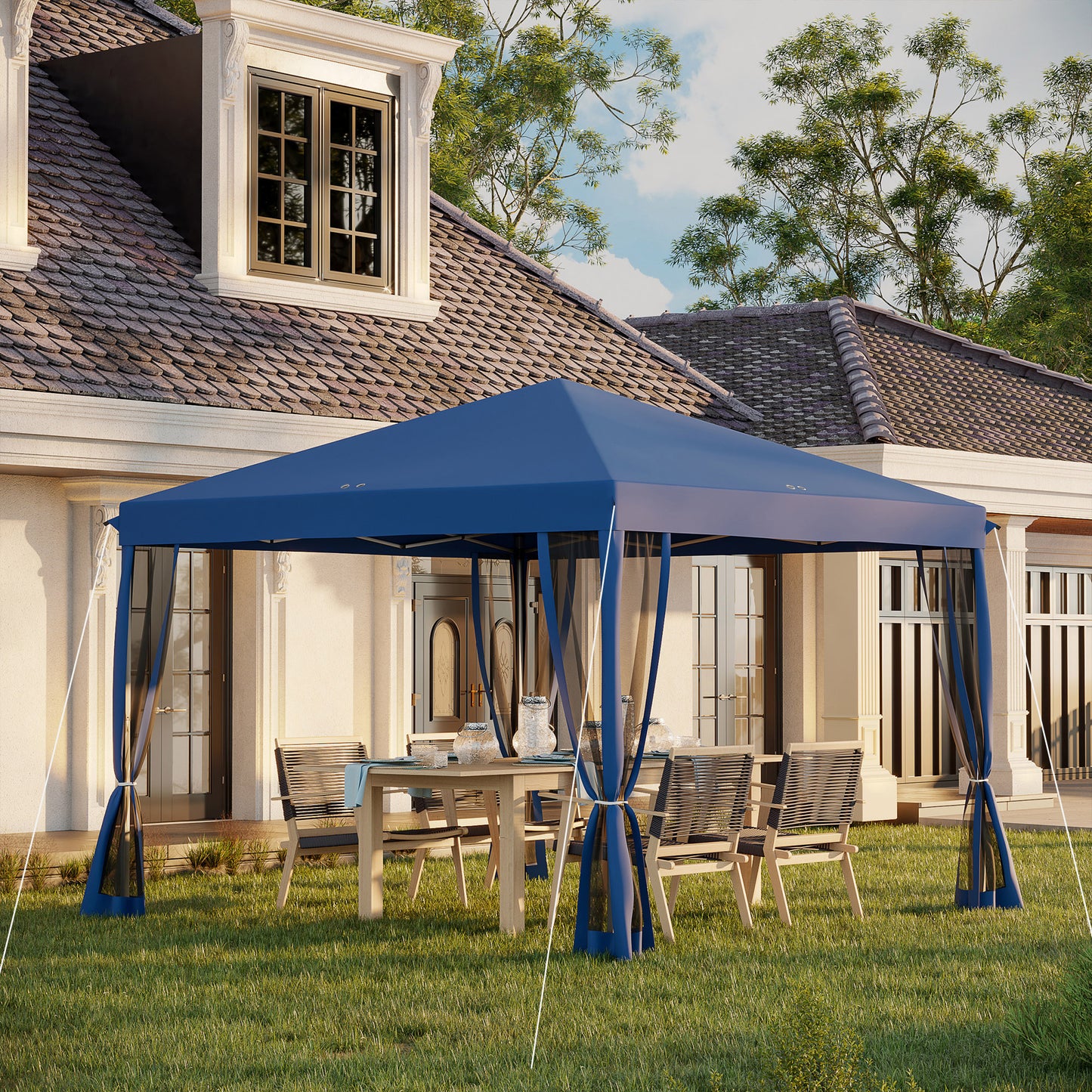 10x10 Pop Up Canopy Tent with Netting - Adjustable Height, Blue