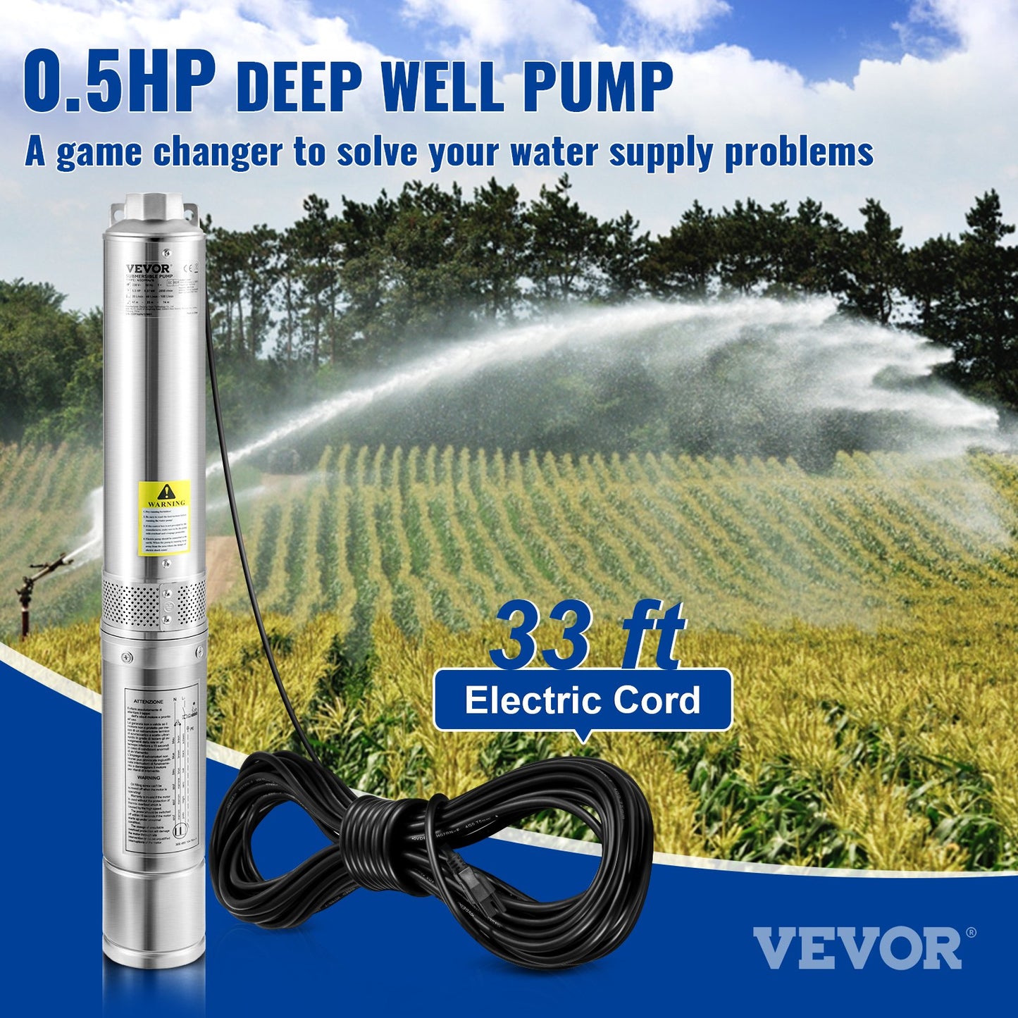 Deep Well Submersible Pump 0.5HP 115V Stainless Steel Water Pump for Irrigation & Home Use