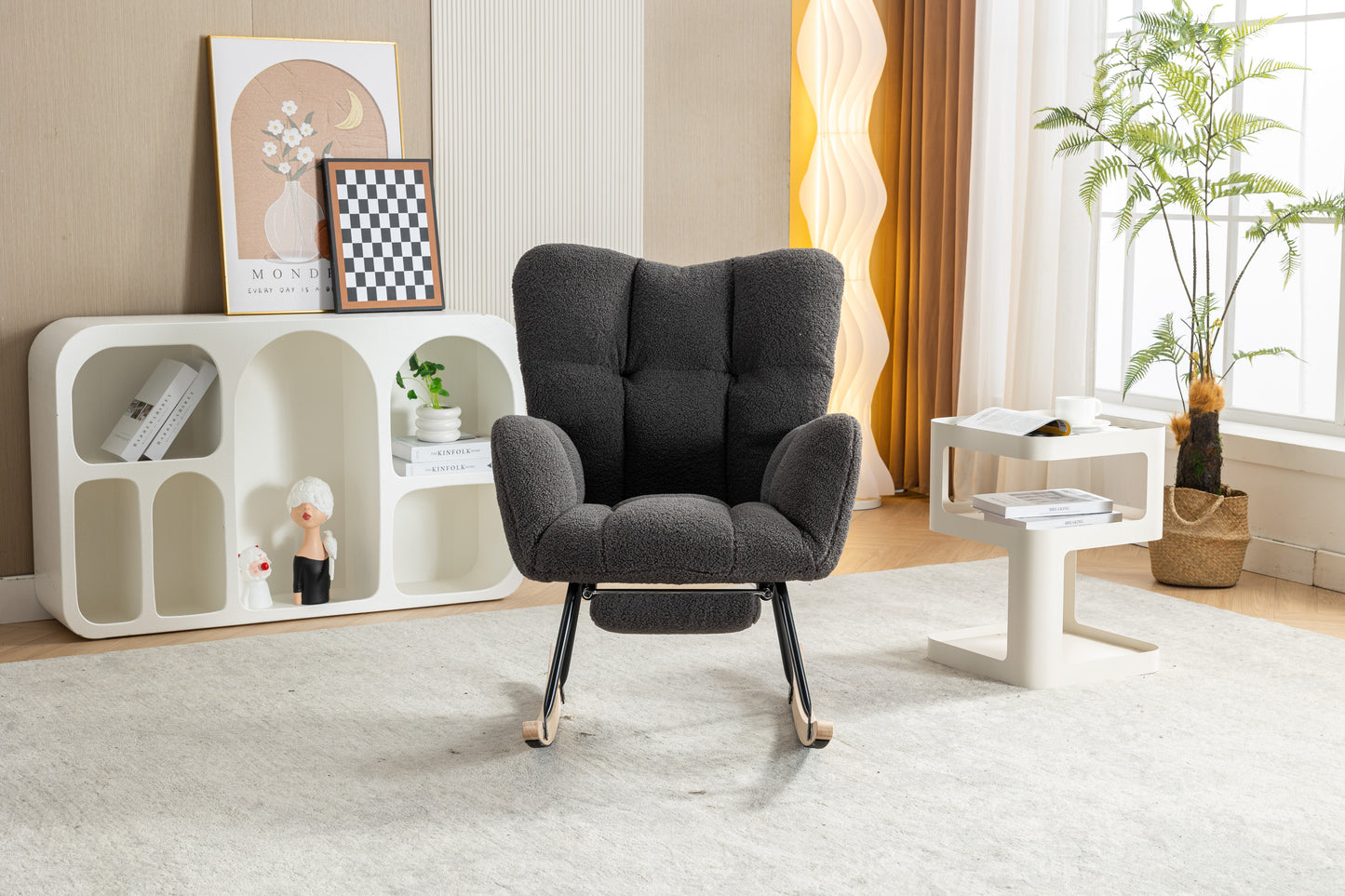 Modern Teddy Fabric Rocking Chair with Adjustable Footstool - Dark Gray