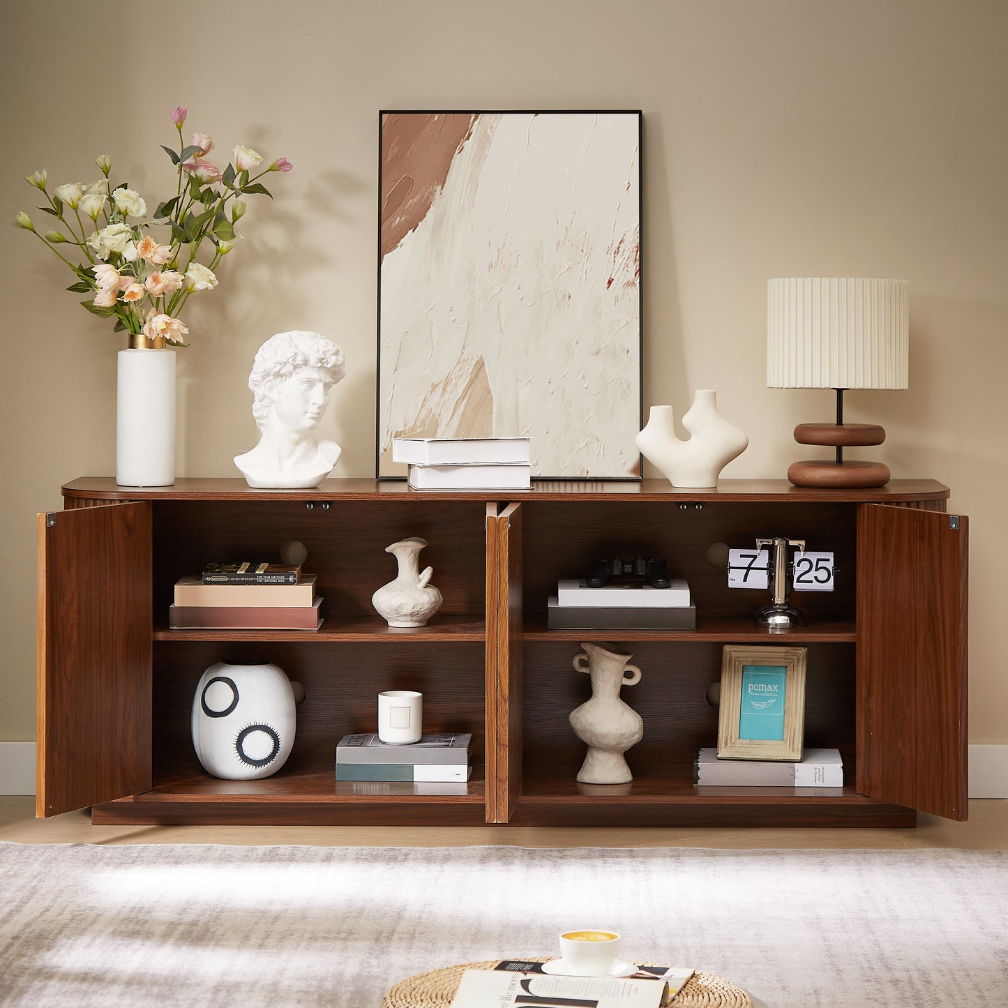 Walnut Sideboard Storage Cabinet with Wave Pattern - 64"