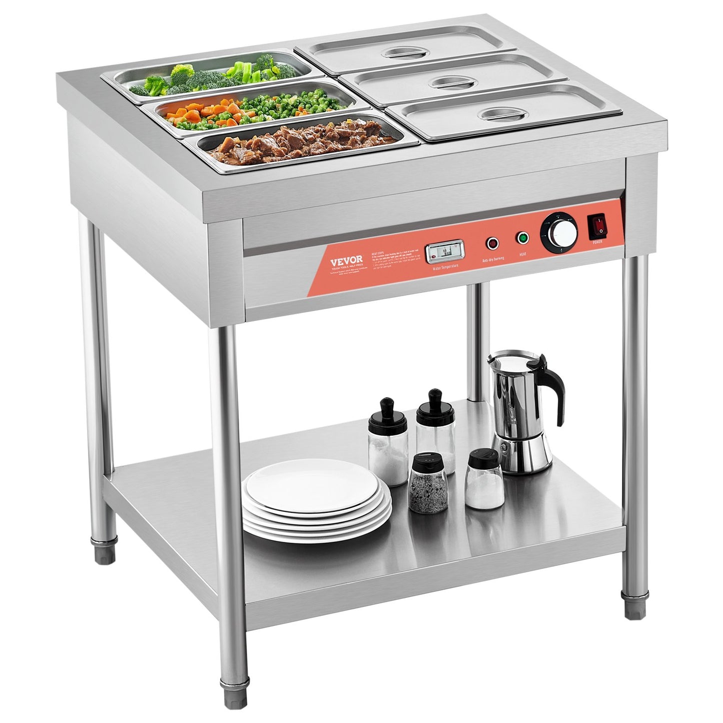 Commercial Electric Food Warmer with 6 Pans & Undershelf, Silver