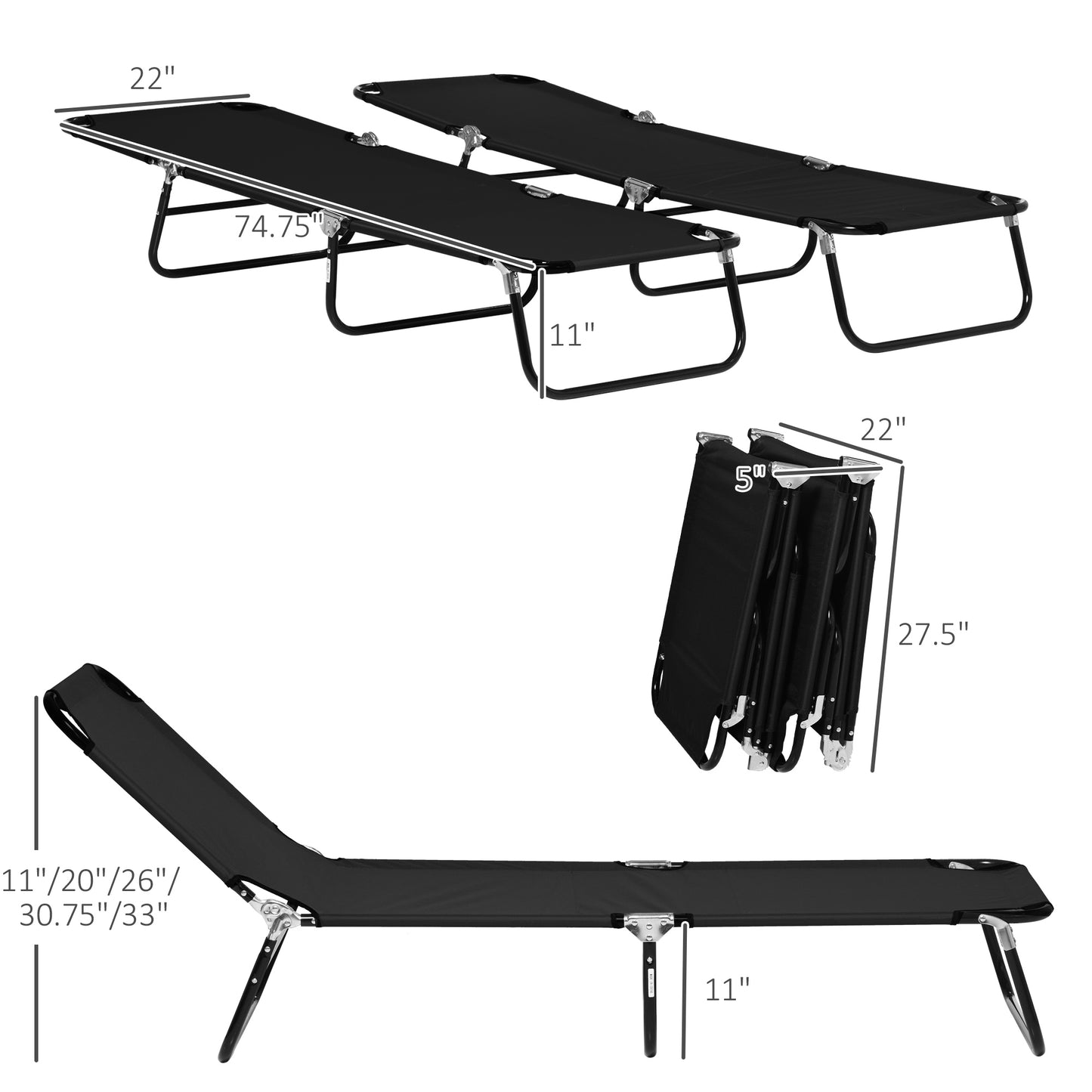 2 Piece Folding Chaise Lounge Pool Chairs - Black