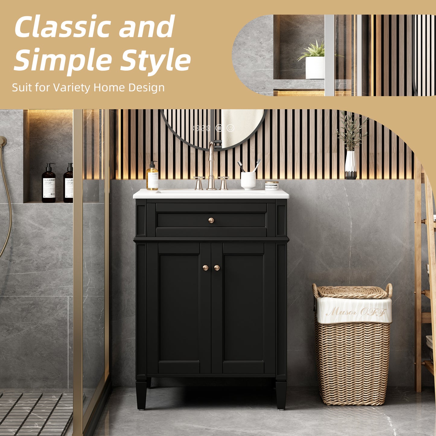 24" Black Bathroom Vanity with Soft-Close Doors & Storage