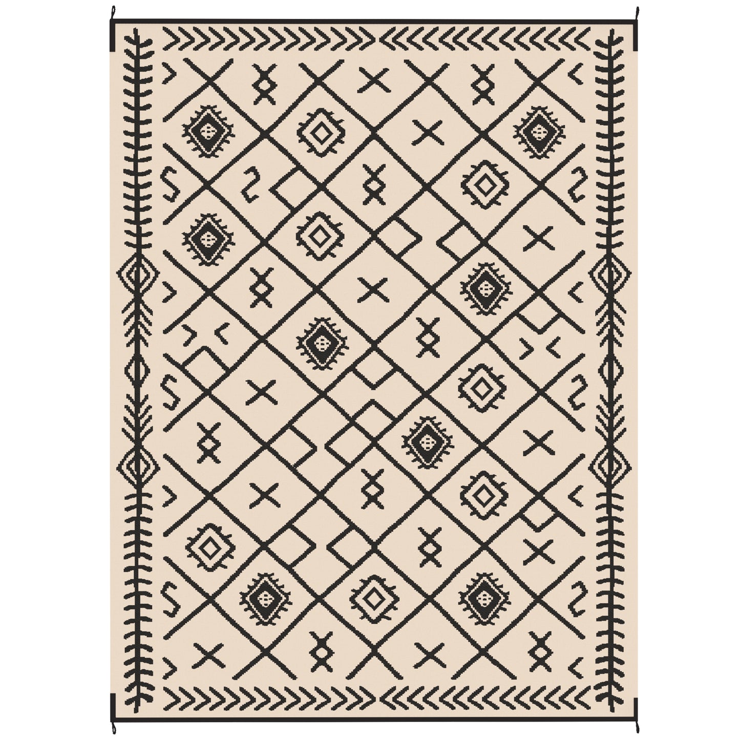 Reversible Outdoor Rug - Waterproof Plastic Straw, 9' x 12', Black & Beige Rhombus