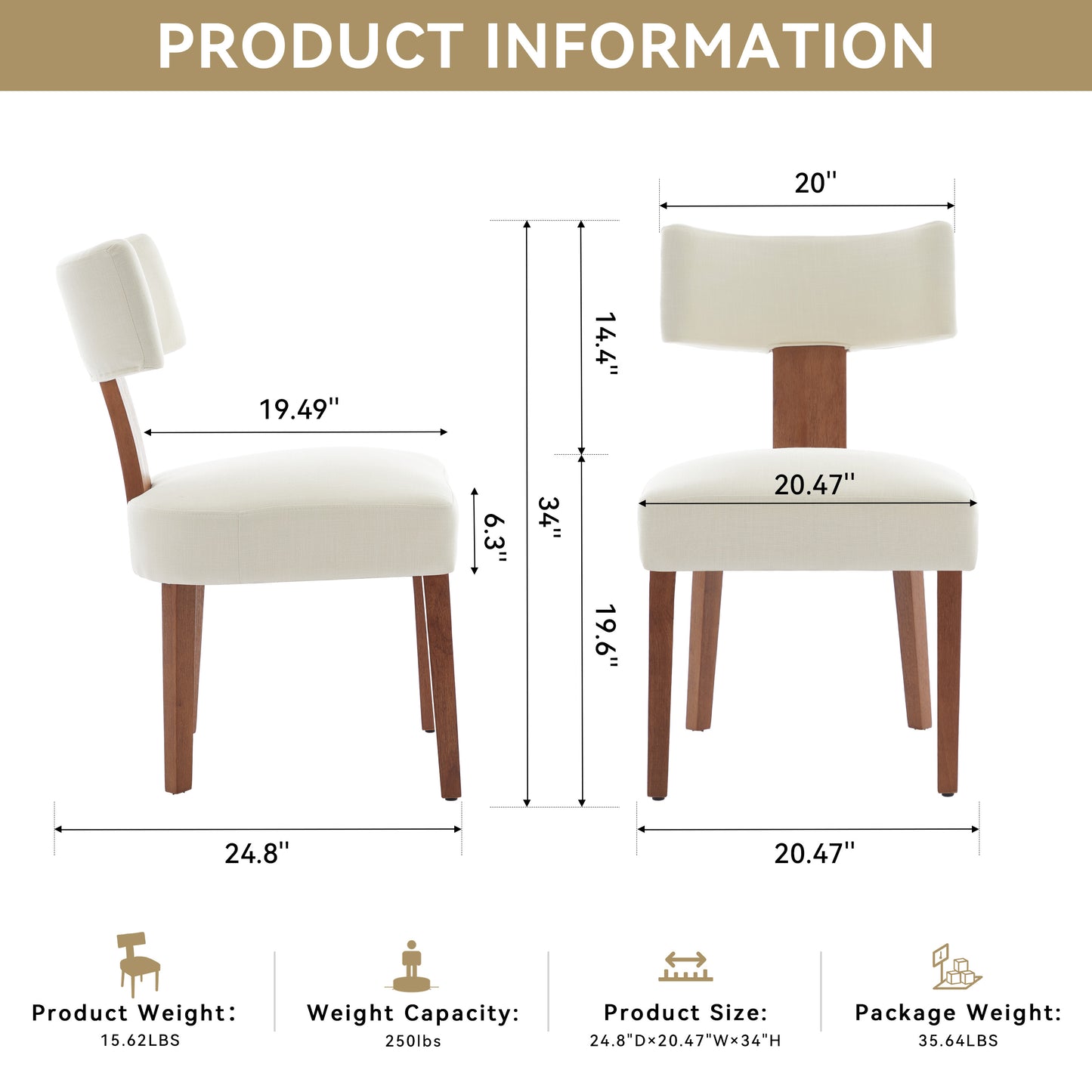 Set of 2 Modern Beige Linen Dining Chairs with Curved Backrest