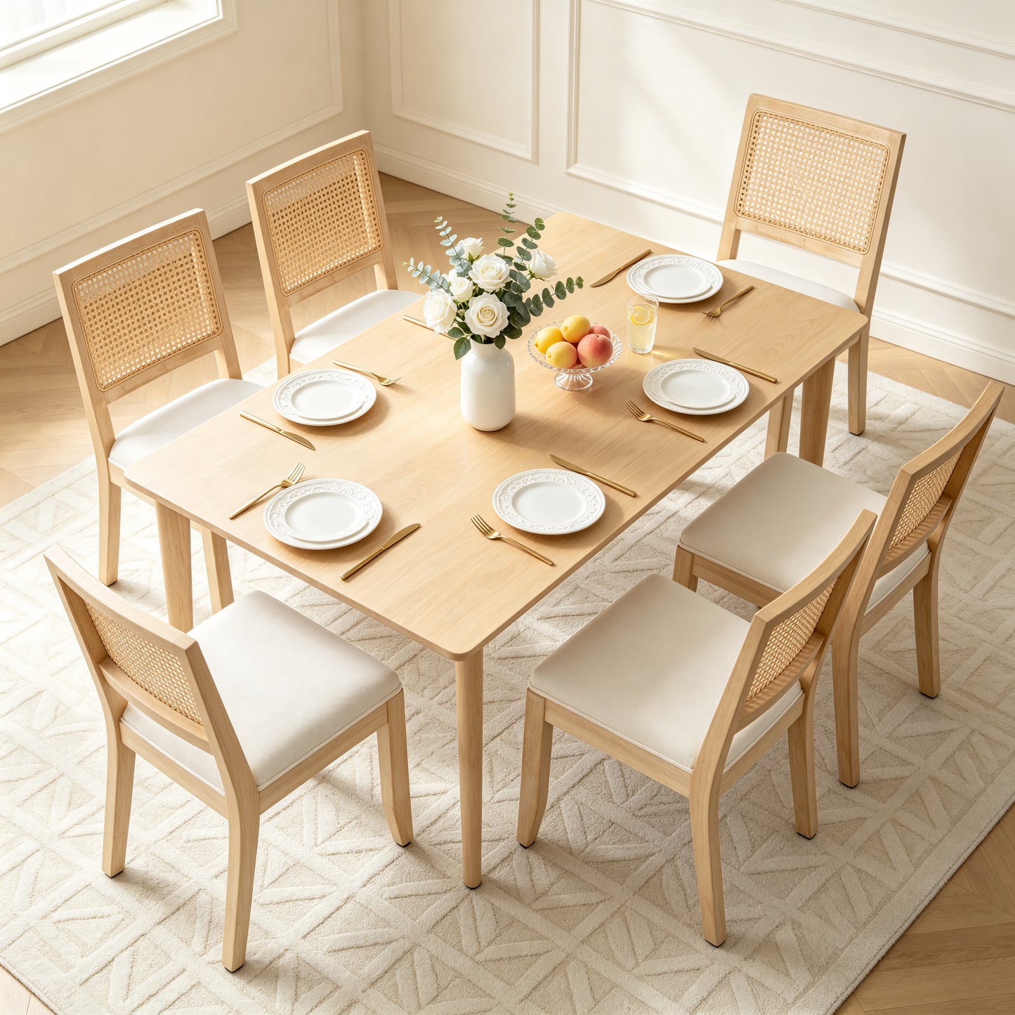 Set of 2 Mid Century Modern Rattan Dining Chairs - Beige
