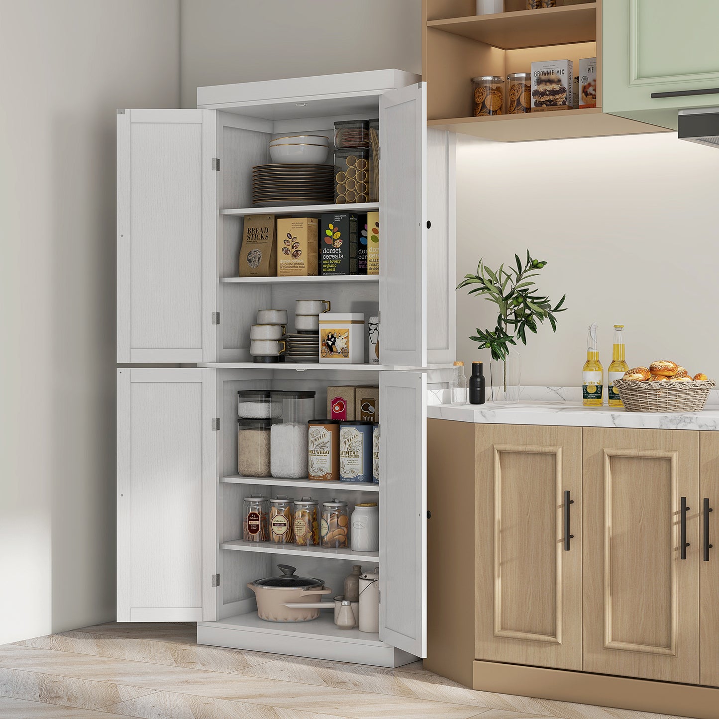 72" Freestanding Kitchen Storage Cabinet with Doors & Shelves - White Wood Grain