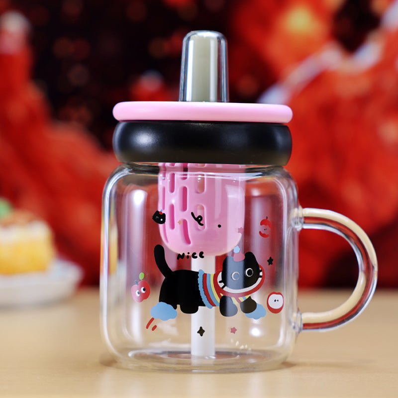 Cute Cat Water Cup with Handle - 600ML Glass Drinking Mug for Home