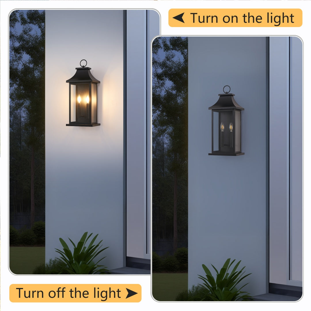 Large 22-Inch Outdoor Wall Lantern Two-Light Black Sconce with Glass Waterproof Fixture