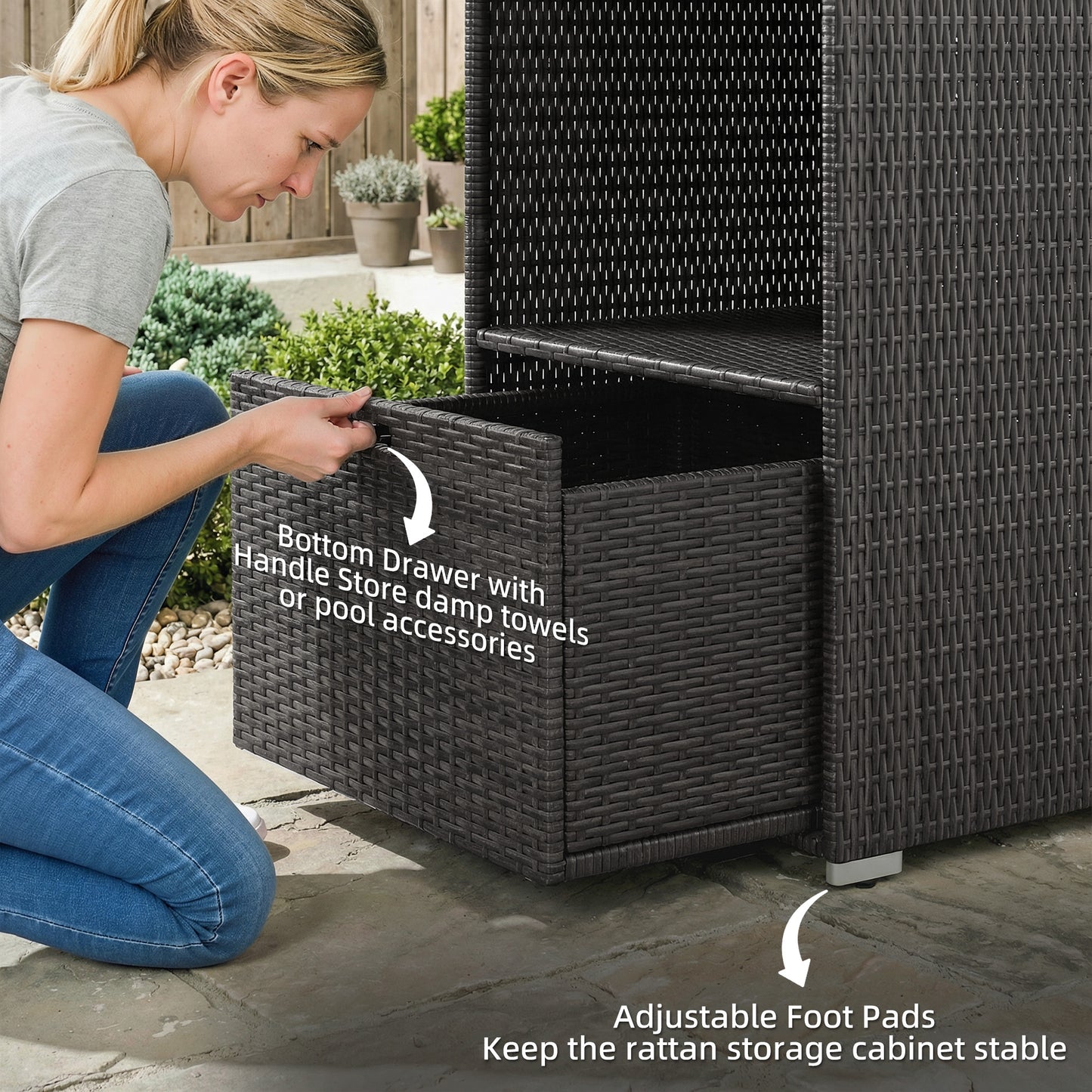 Water-Resistant Pool Towel Rack with 2 Shelves and Basket Drawer
