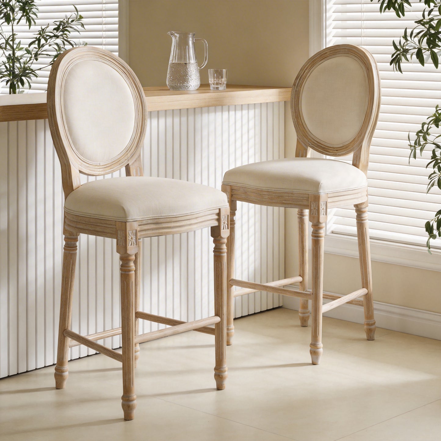 French Country Bar Chairs Set of 2 - Upholstered, Round Back, Beige
