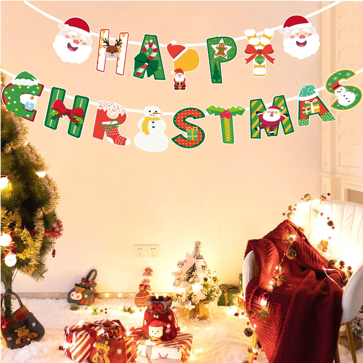 Christmas Hanging Flags Set - Snowman Reindeer Santa Claus Decor, 12 Pieces
