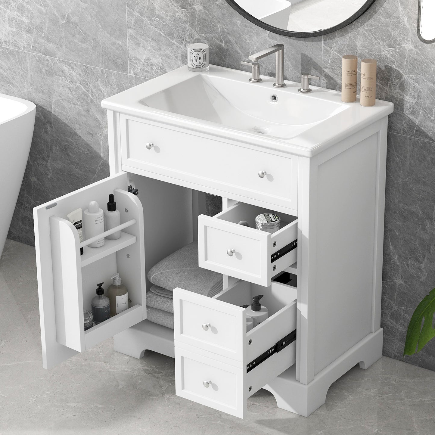 30" Bathroom Vanity with Sink Top - White Cabinet with Drawers