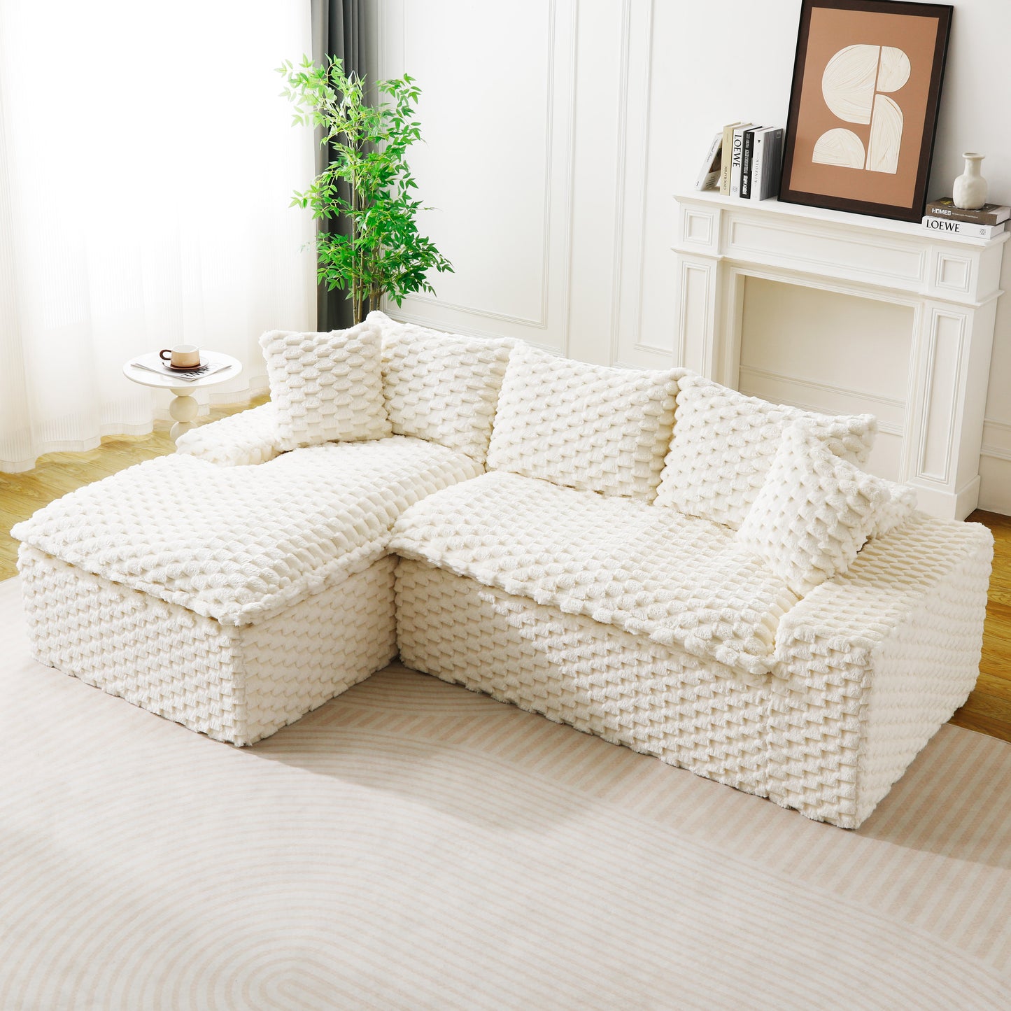 Convertible Twin-Seat Velvet Sofa with Left Chaise Lounge - White