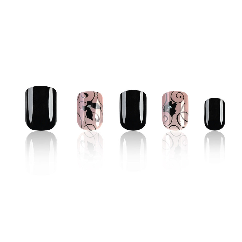 Black Butterfly Sequin Nail Art Kit - 24-Piece Short Square Design for Women & Girls