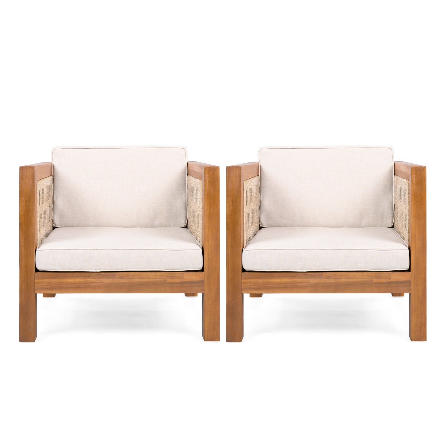 Outdoor Club Chair Set of 2 - Acacia Wood Frame, Beige Cushions