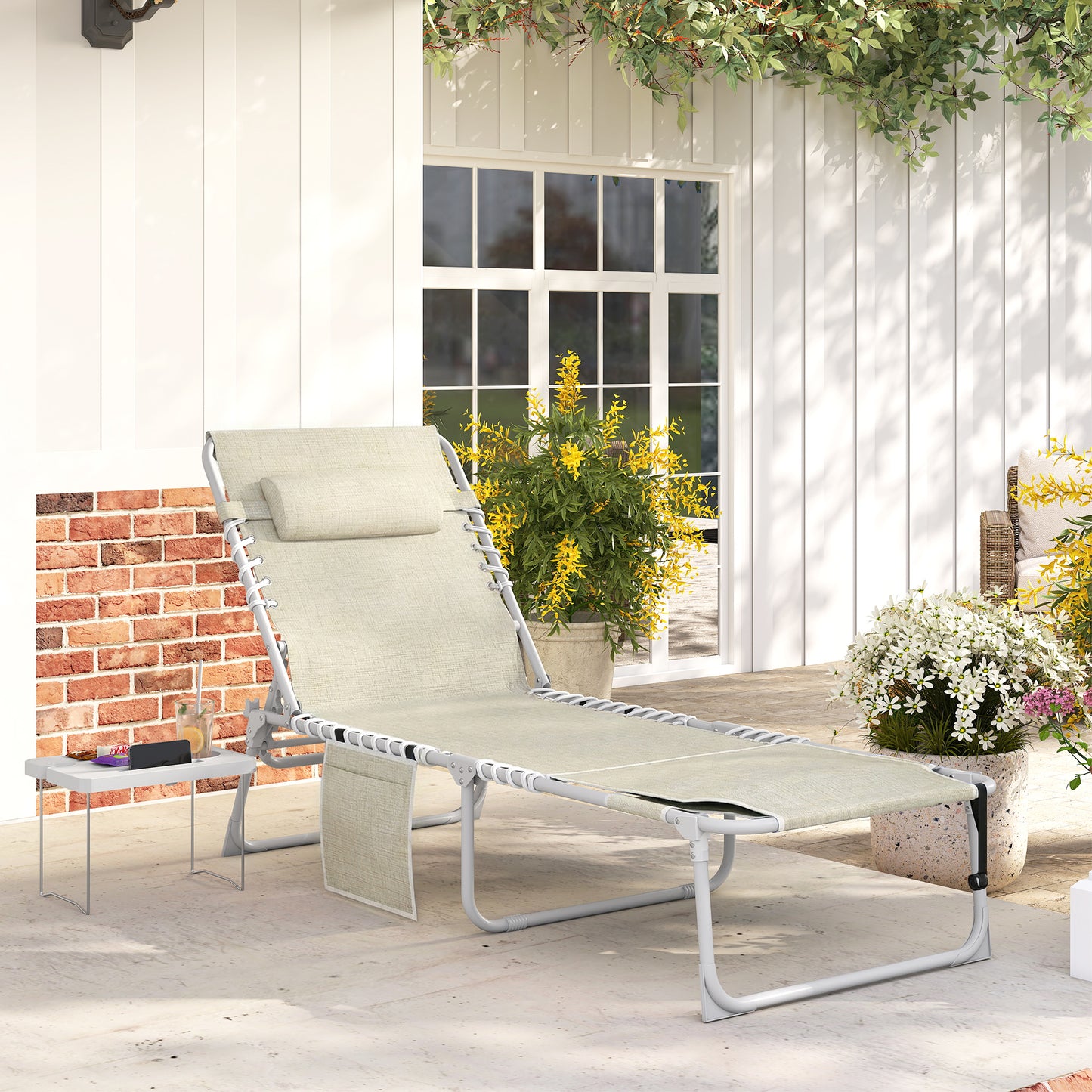 5-Position Folding Chaise Lounge Chair with Face Hole & Side Table - Beige