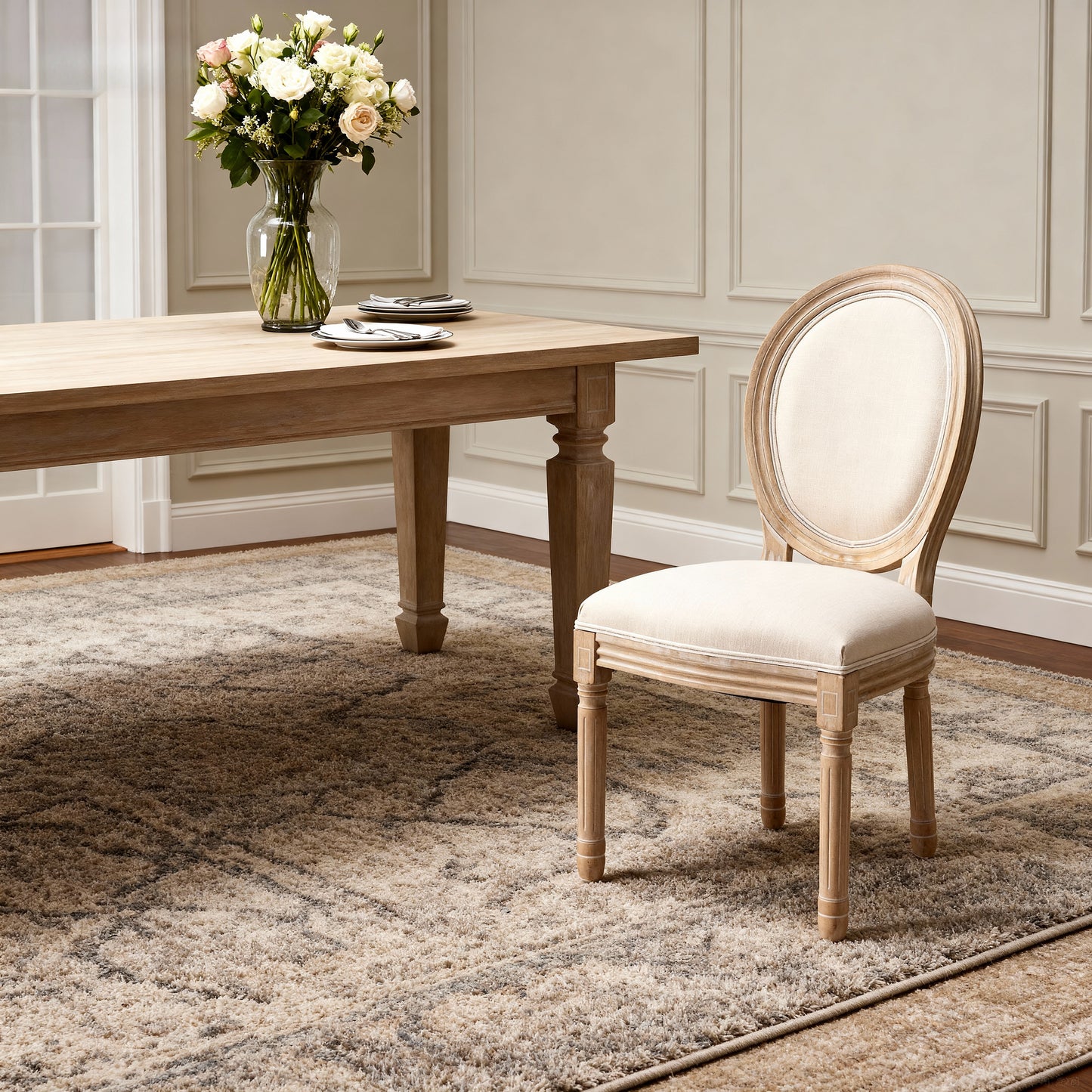 Beige French Style Solid Wood Frame Oval Back Dining Chairs - Set of 2
