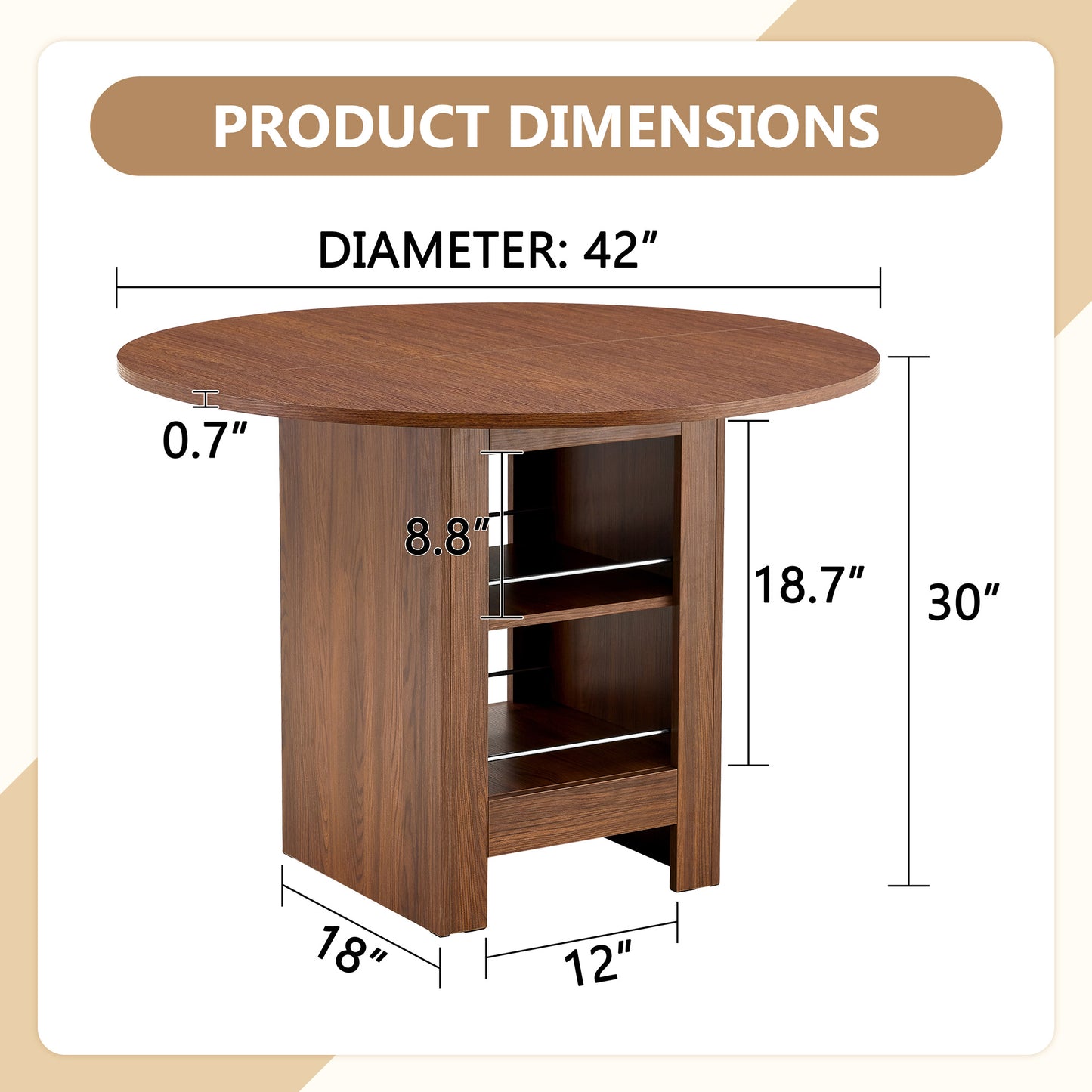 42 Inch Round MDF Walnut Dining Table- 30 Inches High, With
