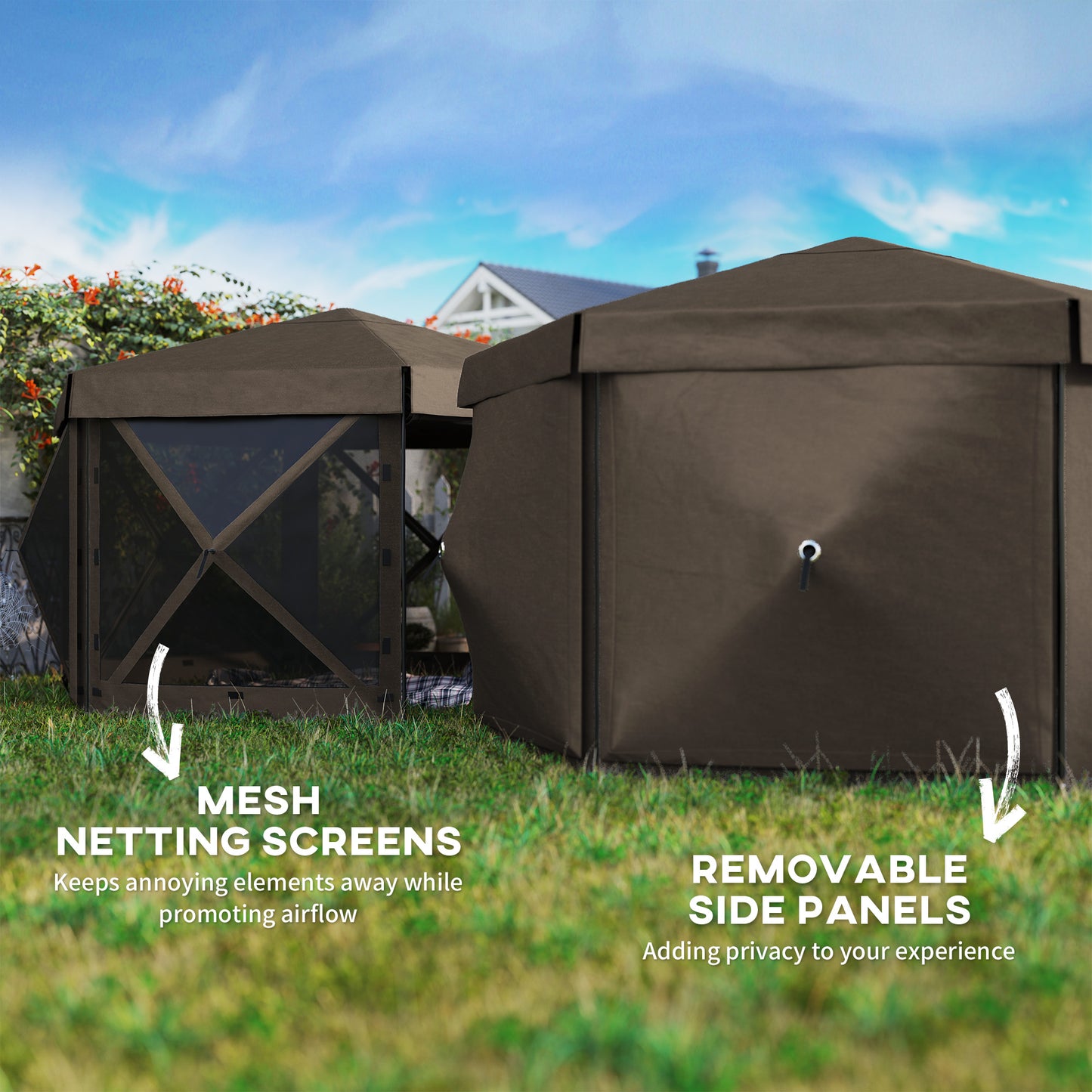 12x12 Hexagonal Pop-Up Canopy Tent with 5 Sidewalls - Brown