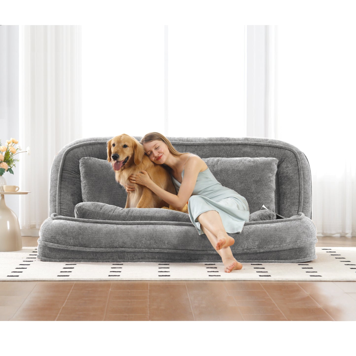 Extra Large Chenille Loveseat Sofa - Light Gray, 2-in-1 Dog Bed