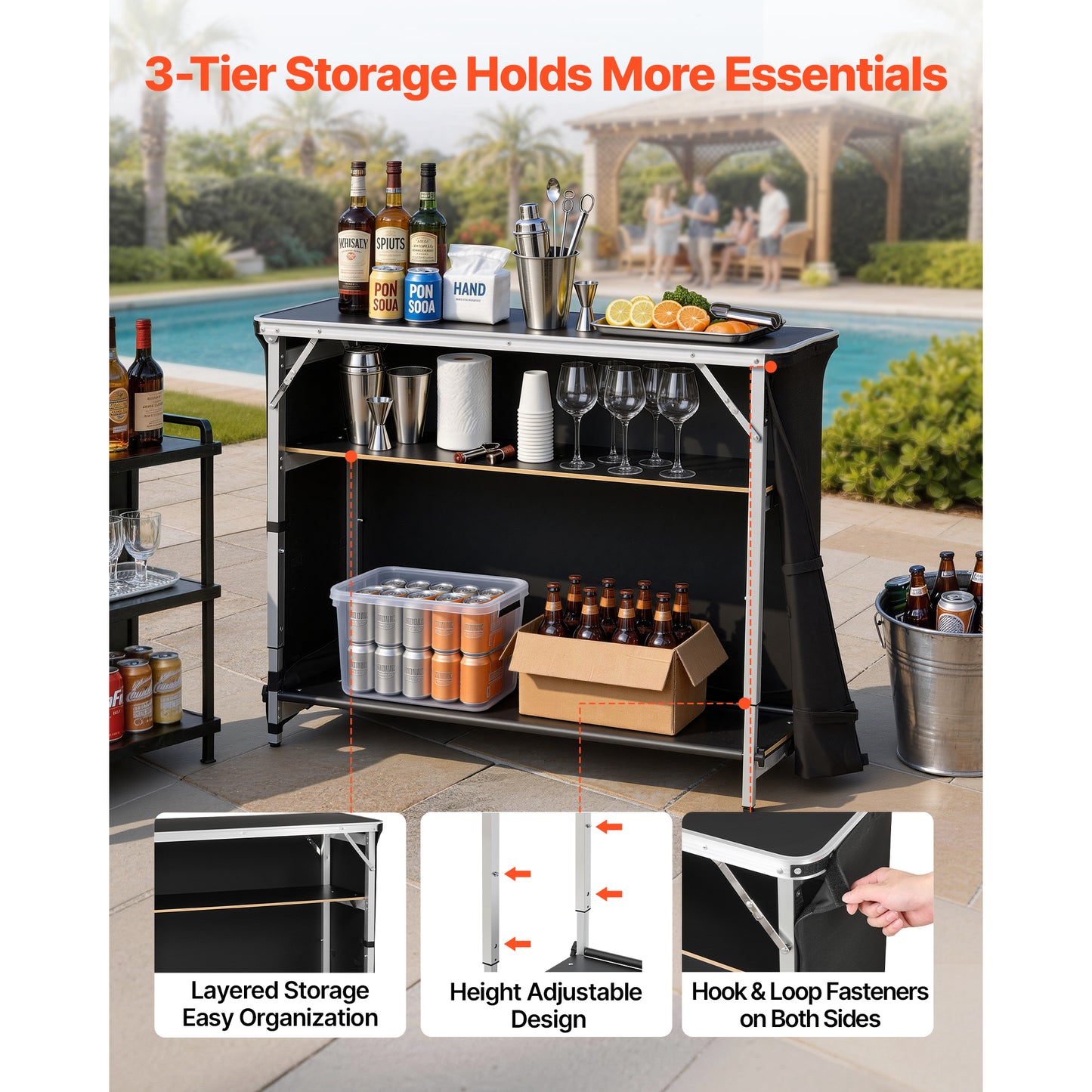 Foldable Portable Bar Table 43.5x15.4x39.8in with Storage Shelves & Carry Bag