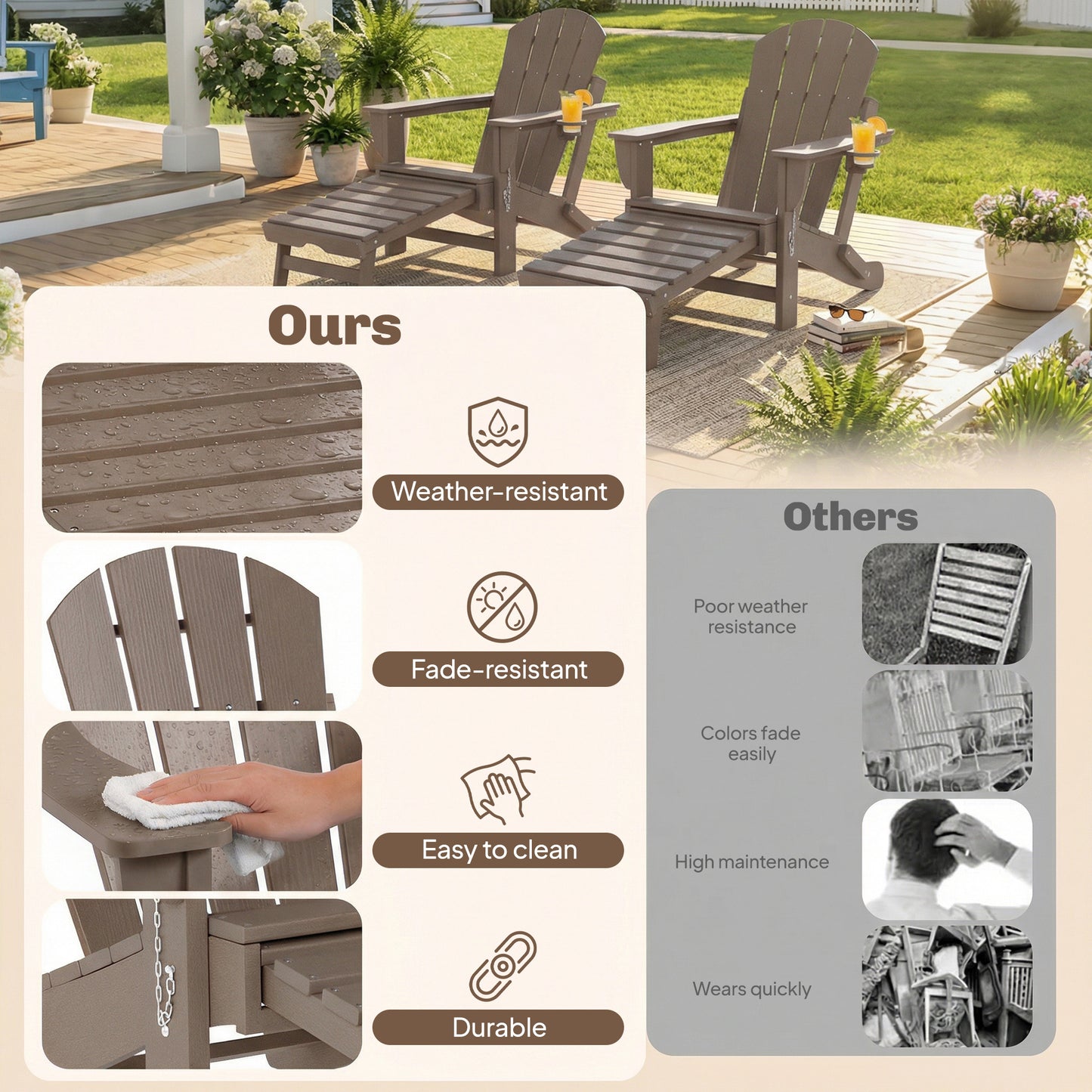 Folding Adirondack Chair Set of 2 - HDPE with Ottoman & Cup Holder, Brown