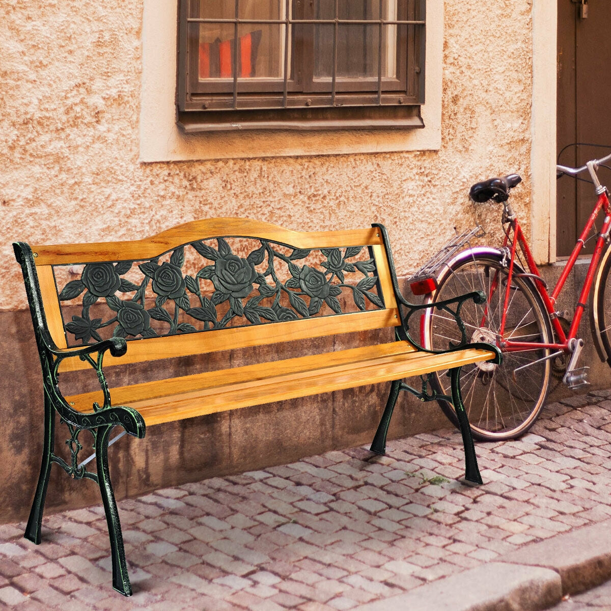 Outdoor Wooden Loveseat Bench with Iron Armrests - 3-Seater