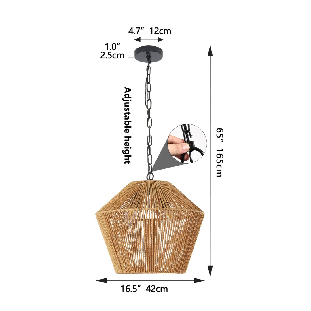 Boho Hemp Rope Pendant Light Fixture - Adjustable Height, Natural Finish