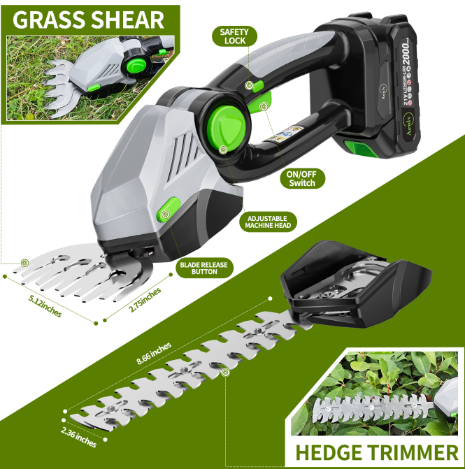 Cordless 2-in-1 Hedge Trimmer and Grass Shears Kit - 21V Battery Power Tool